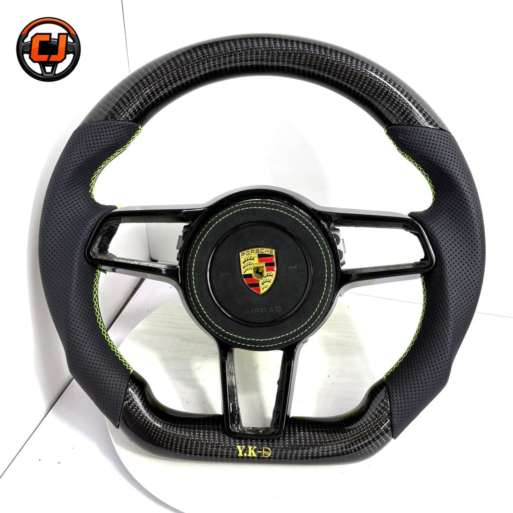 Porsche Carbon Fiber Steering Wheel with Green Stitching Perforated Leather Grips for 911 Carrera 996 997 1998 2012 Panamera 970 971 Macan 95B Cayenne 958 CJ Mod Garage