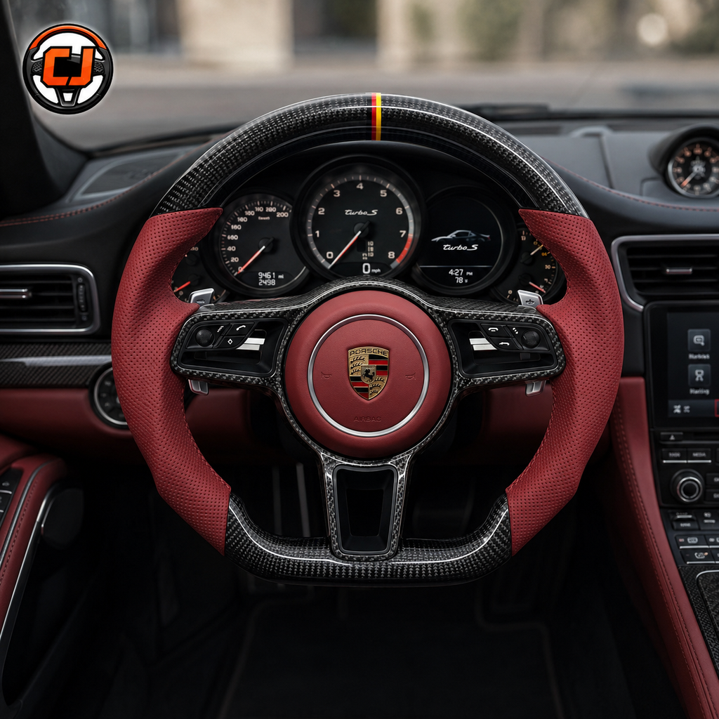 Porsche Custom Carbon Fiber Steering Wheel with Burgundy Perforated Leather Grips Yellow Center Stripe and Sport Controls for Panamera 970 971 2010 2024 Cayenne 958 2011 2017 CJ Mod Garage