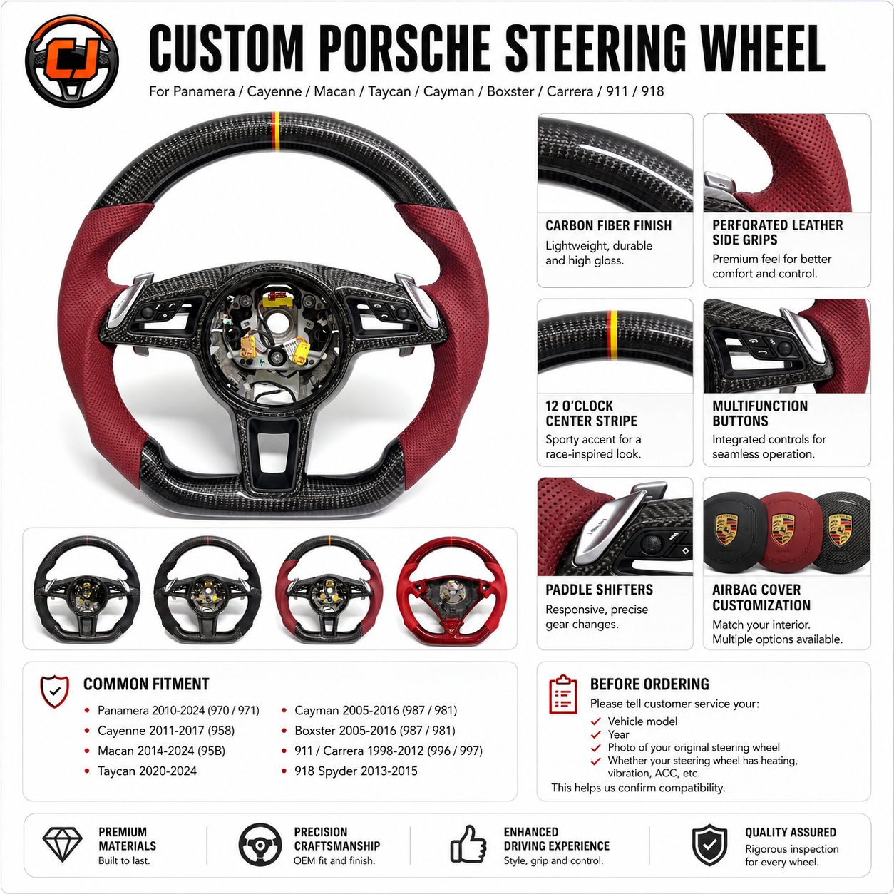 Custom Porsche Steering Wheel Featuring Carbon Fiber Construction Burgundy Leather Side Grips Paddle Shifters and Airbag Cover Options for Macan 95B 2014 2024 Taycan 2020 2024 CJ Mod Garage