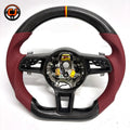 Porsche Performance Steering Wheel with Carbon Fiber Top and Bottom Burgundy Perforated Leather and Multifunction Controls for Cayman 987 981 2005 2016 Boxster 987 981 2005 2016 CJ Mod Garage