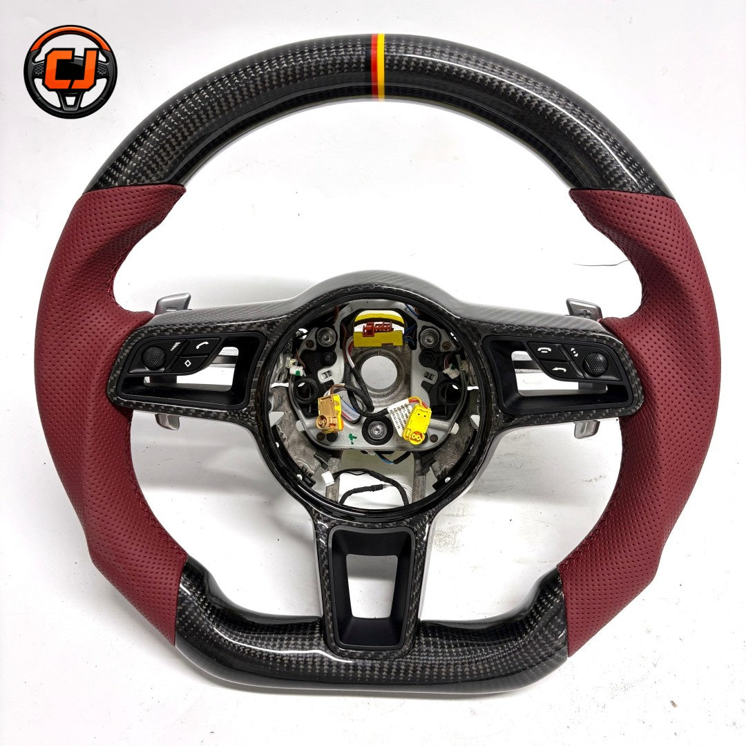 Porsche Performance Steering Wheel with Carbon Fiber Top and Bottom Burgundy Perforated Leather and Multifunction Controls for Cayman 987 981 2005 2016 Boxster 987 981 2005 2016 CJ Mod Garage