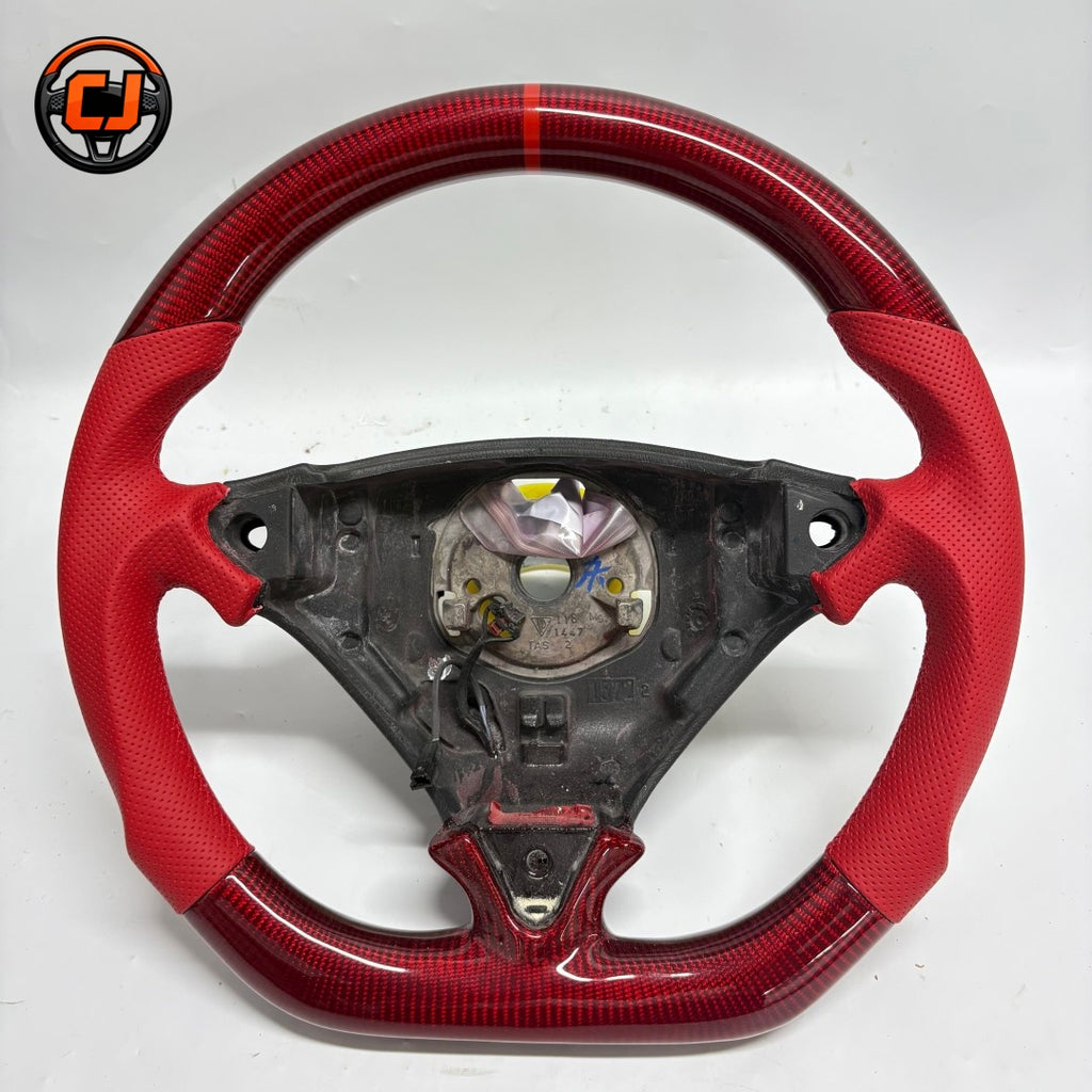 Porsche Cayenne 955 957 Custom Steering Wheel with Red Carbon Fiber Finish Red Leather Grips and Handcrafted Sport Stitching for 2003 2010 Models CJ Mod Garage