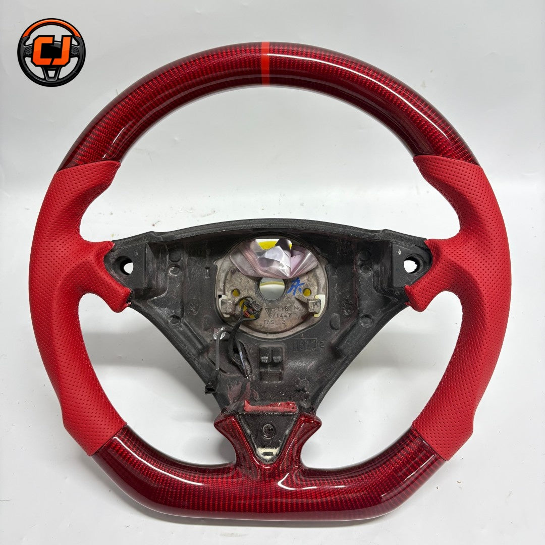 Porsche Cayenne 955 957 Custom Steering Wheel with Red Carbon Fiber Finish Red Leather Grips and Handcrafted Sport Stitching for 2003 2010 Models CJ Mod Garage