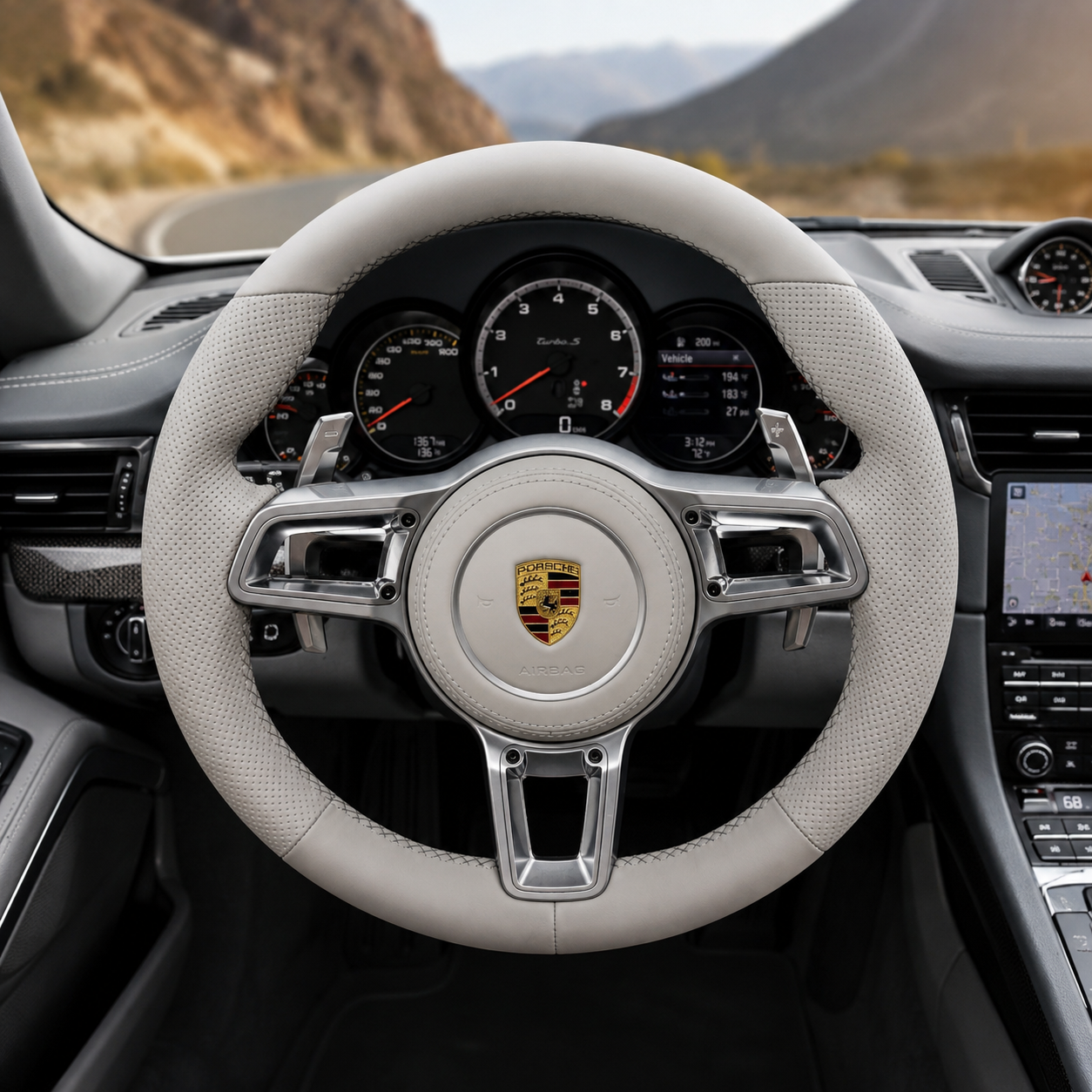 Custom Porsche Steering Wheel in Ivory Leather with Matching Airbag Cover and Silver Paddle Shifters for Panamera 2010 2024 Cayenne 2011 2017 Macan 2014 2024 CJ Mod Garage