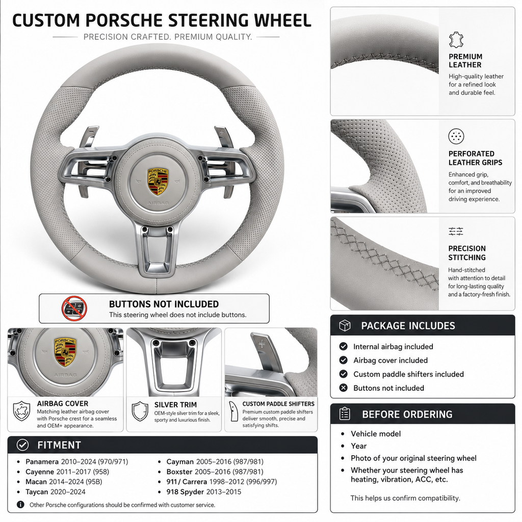 Porsche Custom Leather Steering Wheel Featuring Ivory Perforated Grip Sections Silver Trim Airbag Cover and Paddle Shifters for 911 996 997 Boxster Cayman CJ Mod Garage