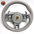 Premium Porsche Steering Wheel Crafted with Ivory Leather Perforated Side Grips Silver Sport Trim and Airbag Cover for Taycan 2020 2024 Panamera Cayenne Macan CJ Mod Garage