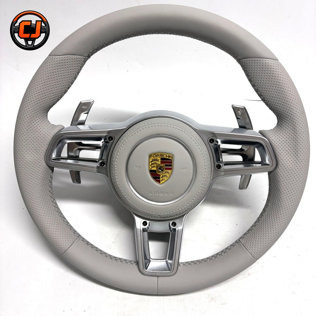 Premium Porsche Steering Wheel Crafted with Ivory Leather Perforated Side Grips Silver Sport Trim and Airbag Cover for Taycan 2020 2024 Panamera Cayenne Macan CJ Mod Garage