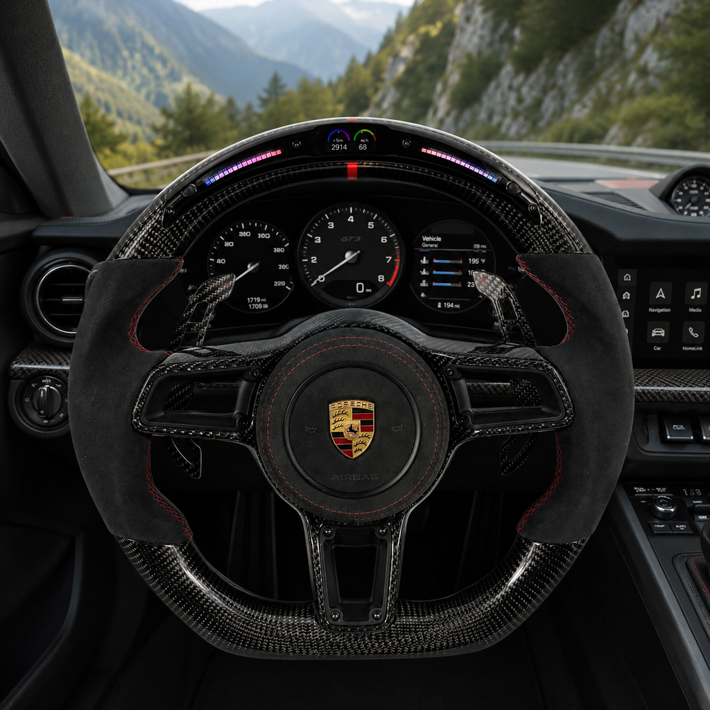 Custom Porsche Carbon Fiber Steering Wheel with LED Shift Display Alcantara Grips Red Stitching and Carbon Paddle Shifters for Panamera 2010 2024 Macan 2014 2024 CJ Mod Garage