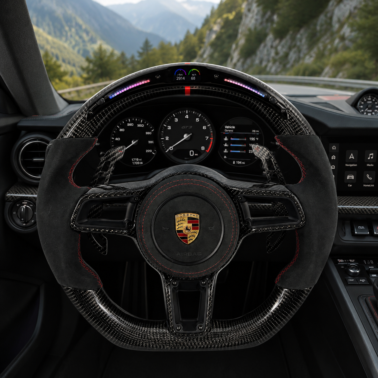 Custom Porsche Carbon Fiber Steering Wheel with LED Shift Display Alcantara Grips Red Stitching and Carbon Paddle Shifters for Panamera 2010 2024 Macan 2014 2024 CJ Mod Garage