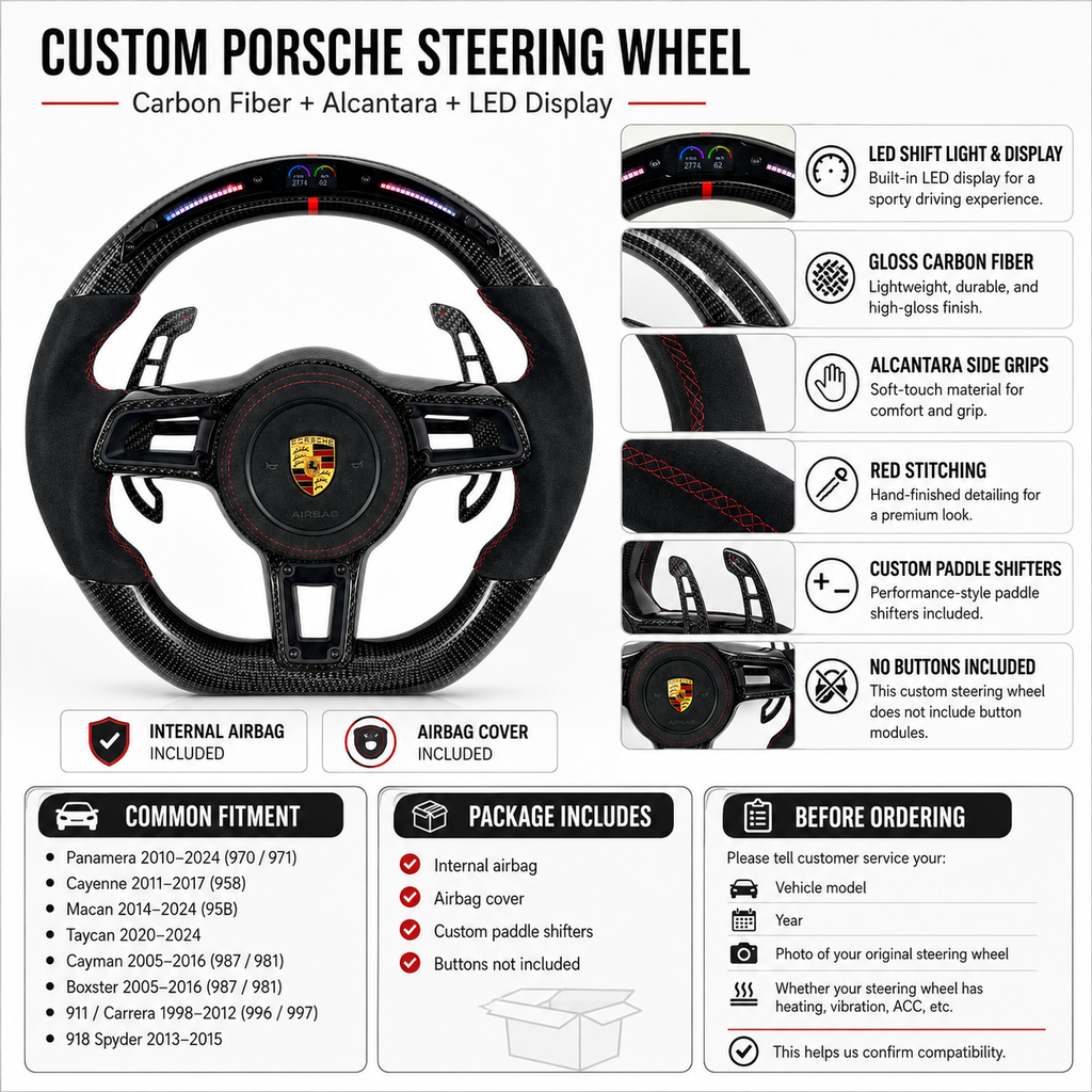 Porsche LED Steering Wheel Featuring Carbon Fiber Construction Alcantara Side Grips Integrated Display and Custom Paddle Shifters for Cayenne 2011 2017 Taycan 2020 2024 CJ Mod Garage