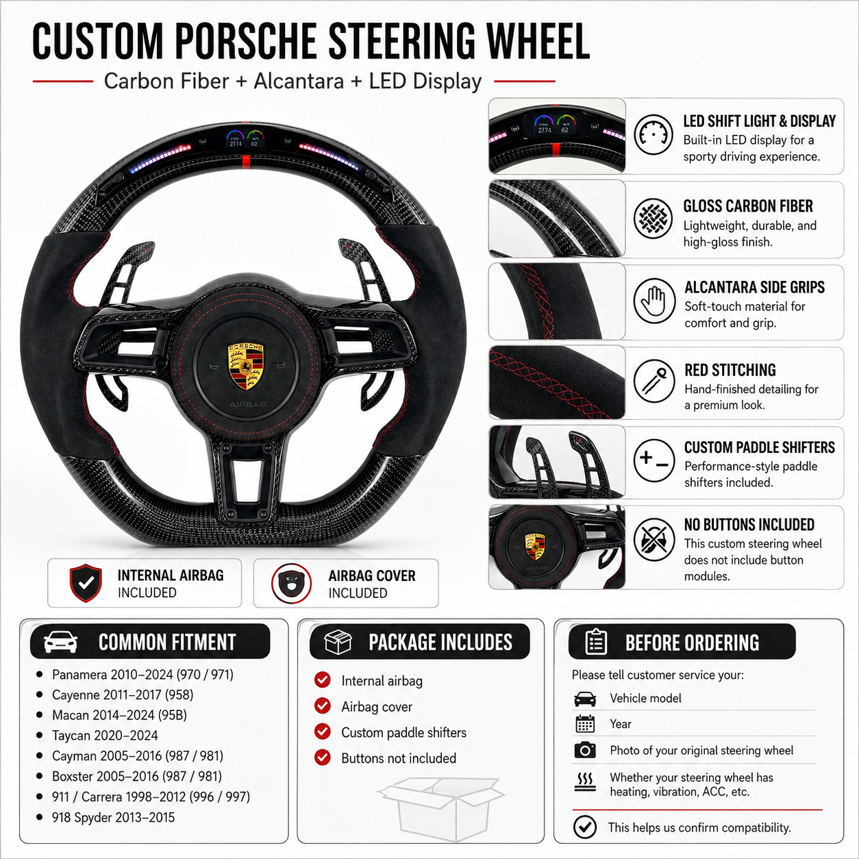 Porsche LED Steering Wheel Featuring Carbon Fiber Construction Alcantara Side Grips Integrated Display and Custom Paddle Shifters for Cayenne 2011 2017 Taycan 2020 2024 CJ Mod Garage
