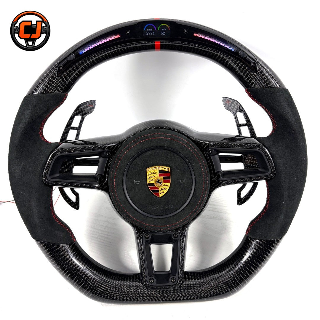 Premium Porsche Carbon Fiber Steering Wheel with LED RPM Display Alcantara Hand Grips Red Center Marker and Airbag Cover for 911 996 997 Cayman Boxster CJ Mod Garage