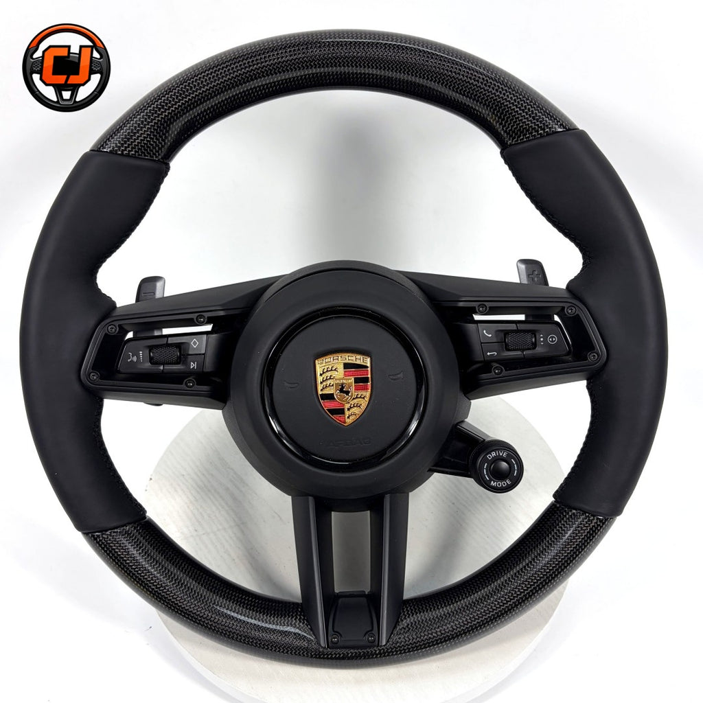 Custom Porsche Carbon Fiber Steering Wheel with Premium Black Leather Grips Multifunction Controls Drive Mode Knob and Paddle Shifters for Panamera 2010 2024 Cayenne 2011 2017 CJ Mod Garage
