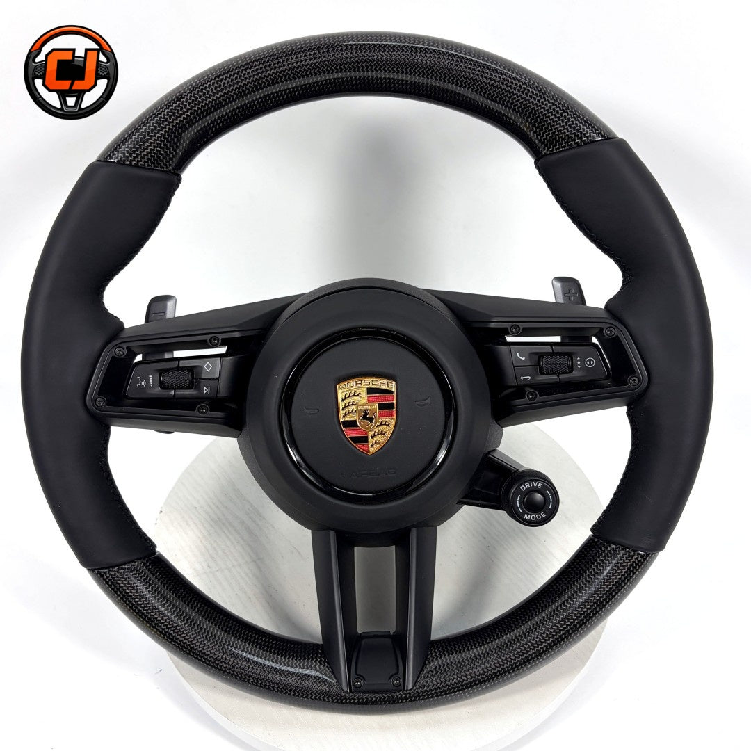 Custom Porsche Carbon Fiber Steering Wheel with Premium Black Leather Grips Multifunction Controls Drive Mode Knob and Paddle Shifters for Panamera 2010 2024 Cayenne 2011 2017 CJ Mod Garage