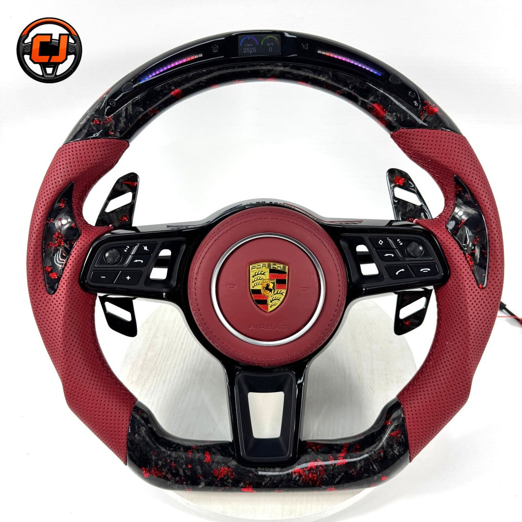 Porsche Forged Carbon Steering Wheel with Red Leather Airbag Cover LED Display and Custom Paddle Shifters for Panamera 2010 2024 Macan 2014 2024 Taycan 2020 2024 CJ Mod Garage