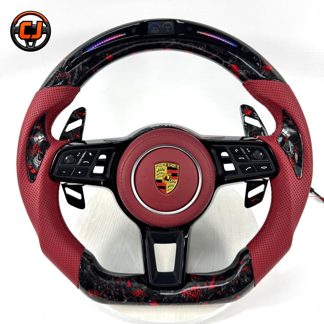 Porsche Forged Carbon Steering Wheel with Red Leather Airbag Cover LED Display and Custom Paddle Shifters for Panamera 2010 2024 Macan 2014 2024 Taycan 2020 2024 CJ Mod Garage