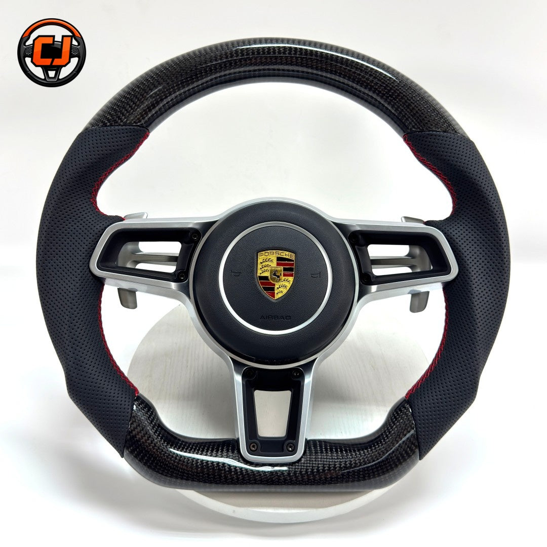 Porsche Carbon Fiber Steering Wheel with Perforated Black Leather Red Stitching Airbag Cover and Paddle Shifters for Panamera 2010 2024 Cayenne 2011 2017 CJ Mod Garage