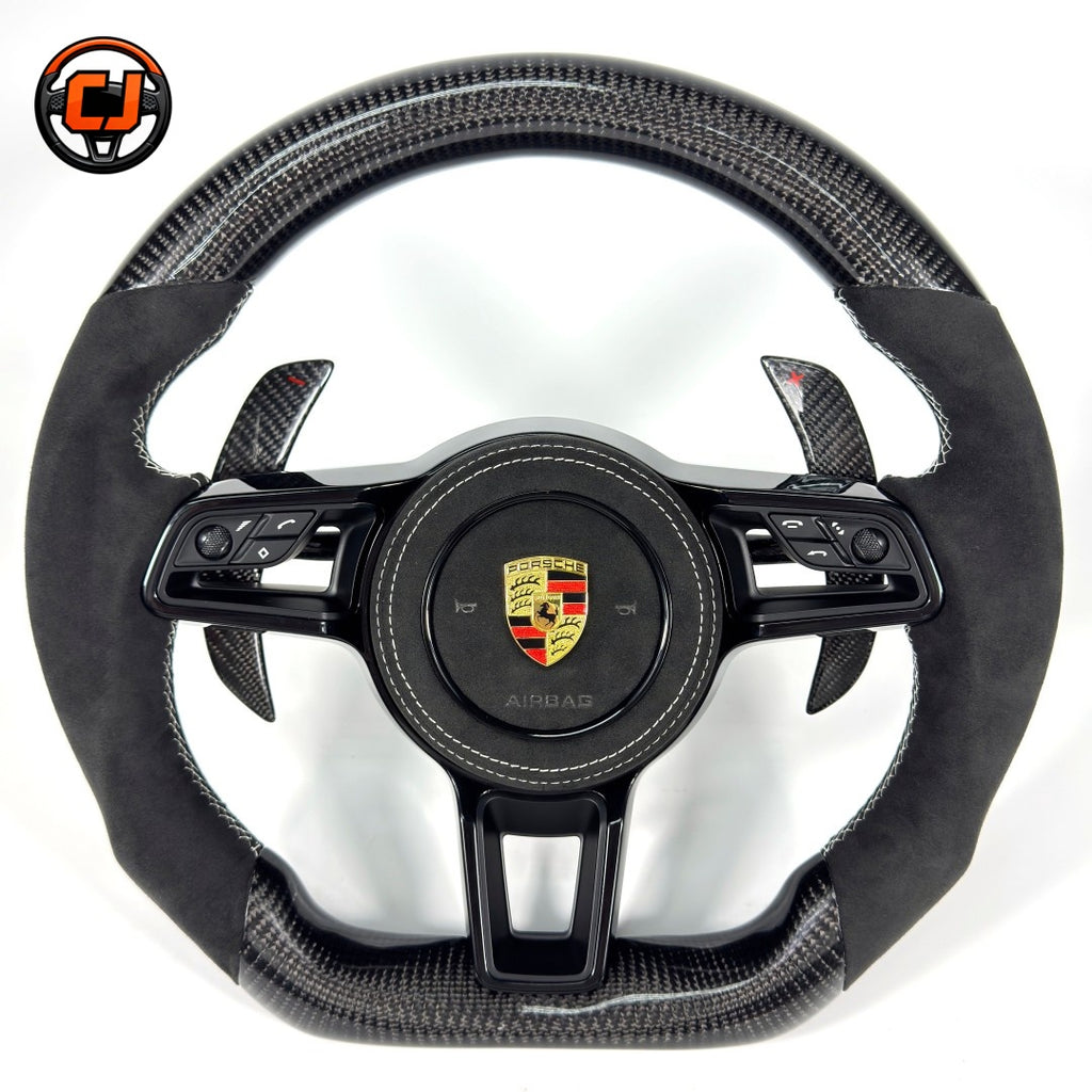 Custom Porsche Steering Wheel Featuring Gloss Carbon Fiber Alcantara Grips Airbag Cover and Carbon Fiber Shift Paddles for Cayenne 958 Taycan 2020 2024 CJ Mod Garage