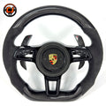 Custom Porsche Steering Wheel Featuring Gloss Carbon Fiber Alcantara Grips Airbag Cover and Carbon Fiber Shift Paddles for Cayenne 958 Taycan 2020 2024 CJ Mod Garage