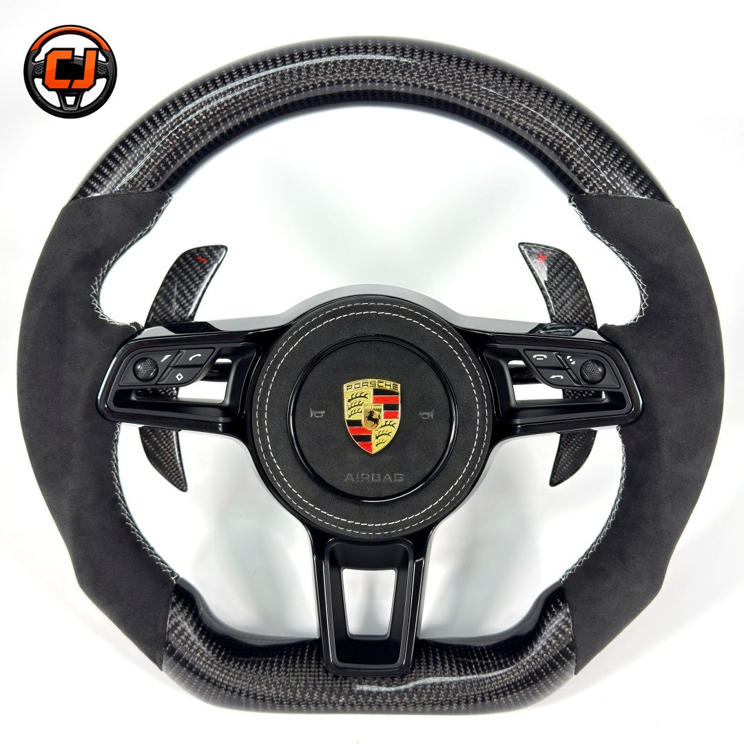 Custom Porsche Steering Wheel Featuring Gloss Carbon Fiber Alcantara Grips Airbag Cover and Carbon Fiber Shift Paddles for Cayenne 958 Taycan 2020 2024 CJ Mod Garage