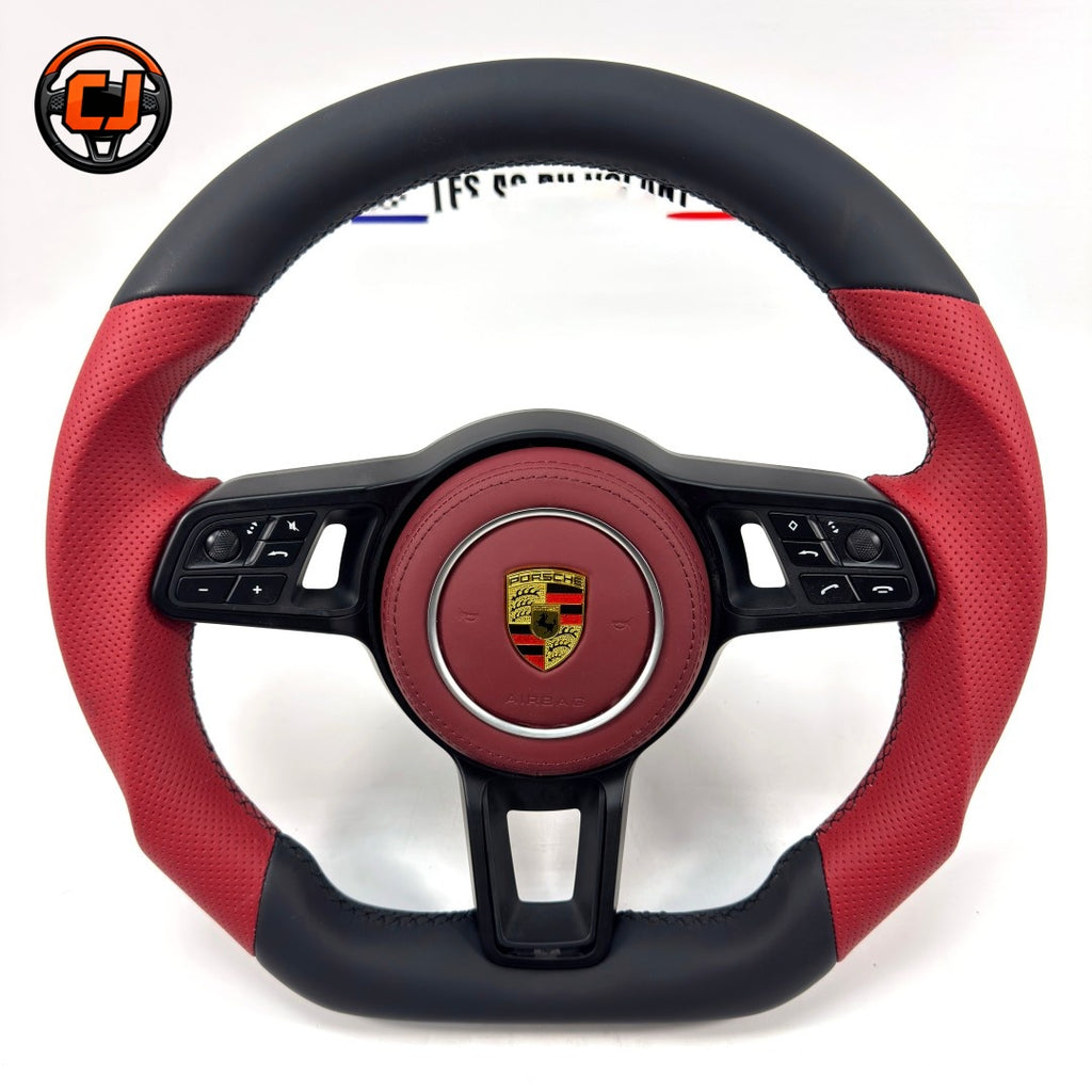 Porsche Red and Black Leather Steering Wheel with Multifunction Controls Airbag Cover Included for Panamera 970 971 Cayenne 958 Macan 95B CJ Mod Garage