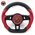 Porsche Red and Black Leather Steering Wheel with Multifunction Controls Airbag Cover Included for Panamera 970 971 Cayenne 958 Macan 95B CJ Mod Garage