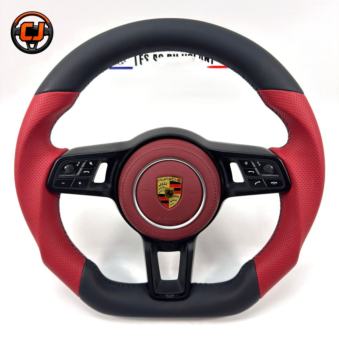 Porsche Red and Black Leather Steering Wheel with Multifunction Controls Airbag Cover Included for Panamera 970 971 Cayenne 958 Macan 95B CJ Mod Garage