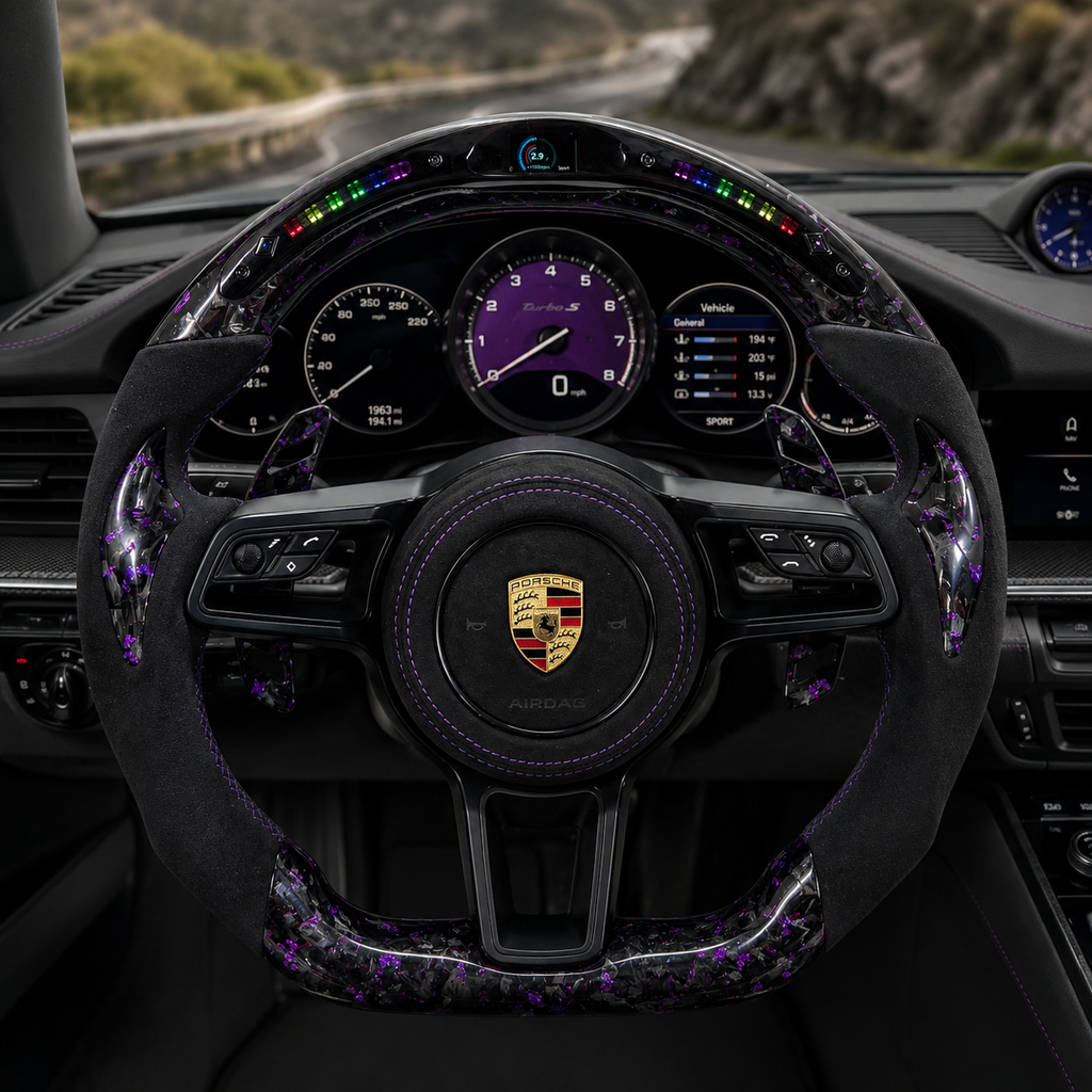 Custom Porsche LED Steering Wheel with Purple Forged Carbon and Alcantara Grips Installed for Panamera 970 971 2010 2024 Cayenne 958 2011 2017 Macan 95B 2014 2024 CJ Mod Garage