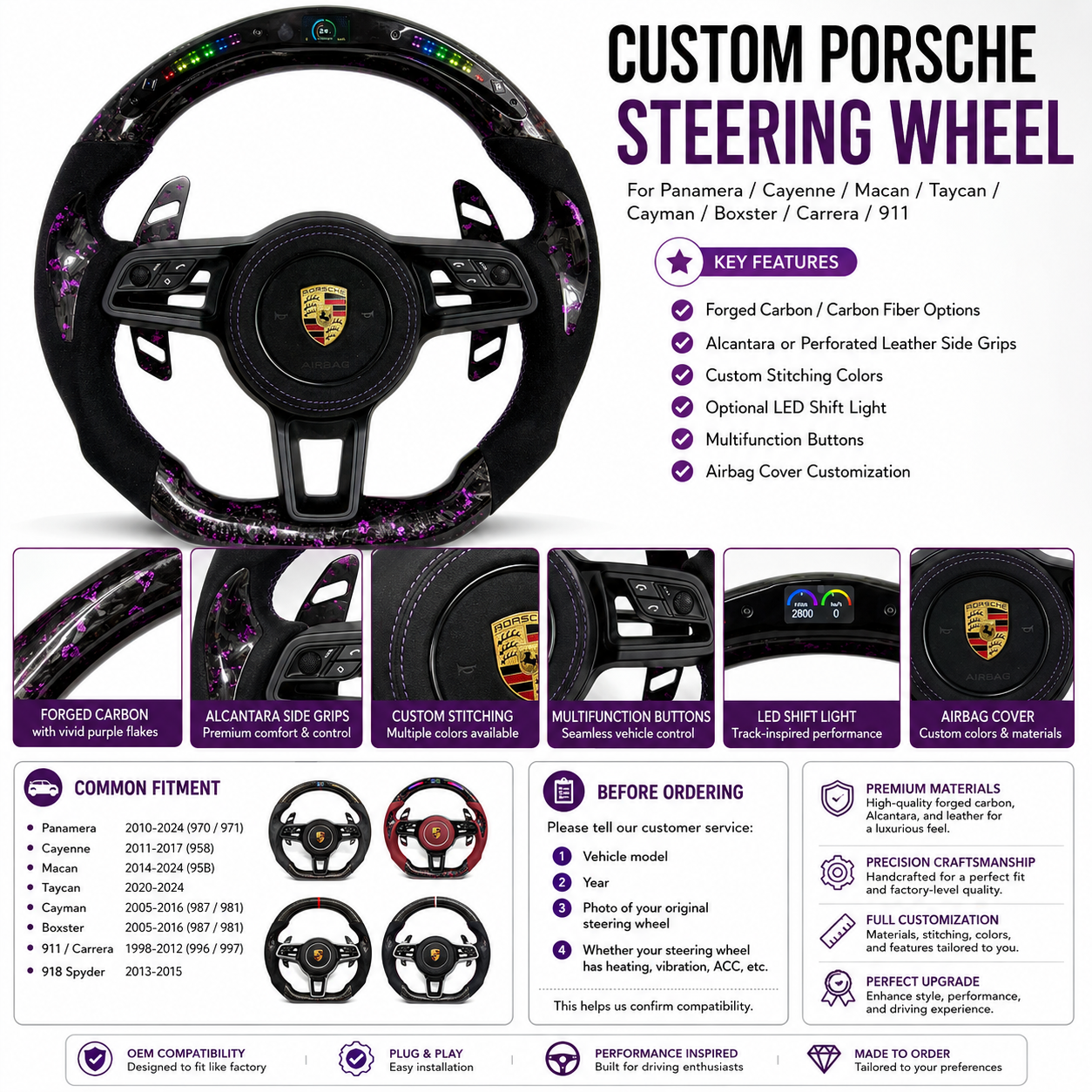 Porsche Forged Carbon Steering Wheel with LED Shift Light Purple Flakes Alcantara Grip for Taycan 2020 2024 Cayman Boxster 987 981 2005 2016 911 Carrera 996 997 CJ Mod Garage