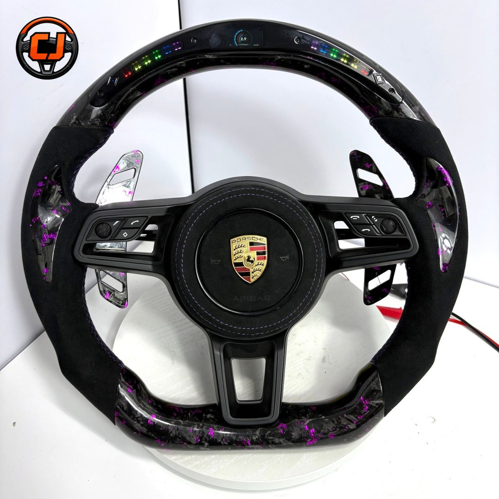 Custom Porsche Steering Wheel Purple Forged Carbon LED Display Alcantara Leather Design for Panamera 970 971 Macan 95B Cayenne 958 Cayman Boxster 987 981 CJ Mod Garage