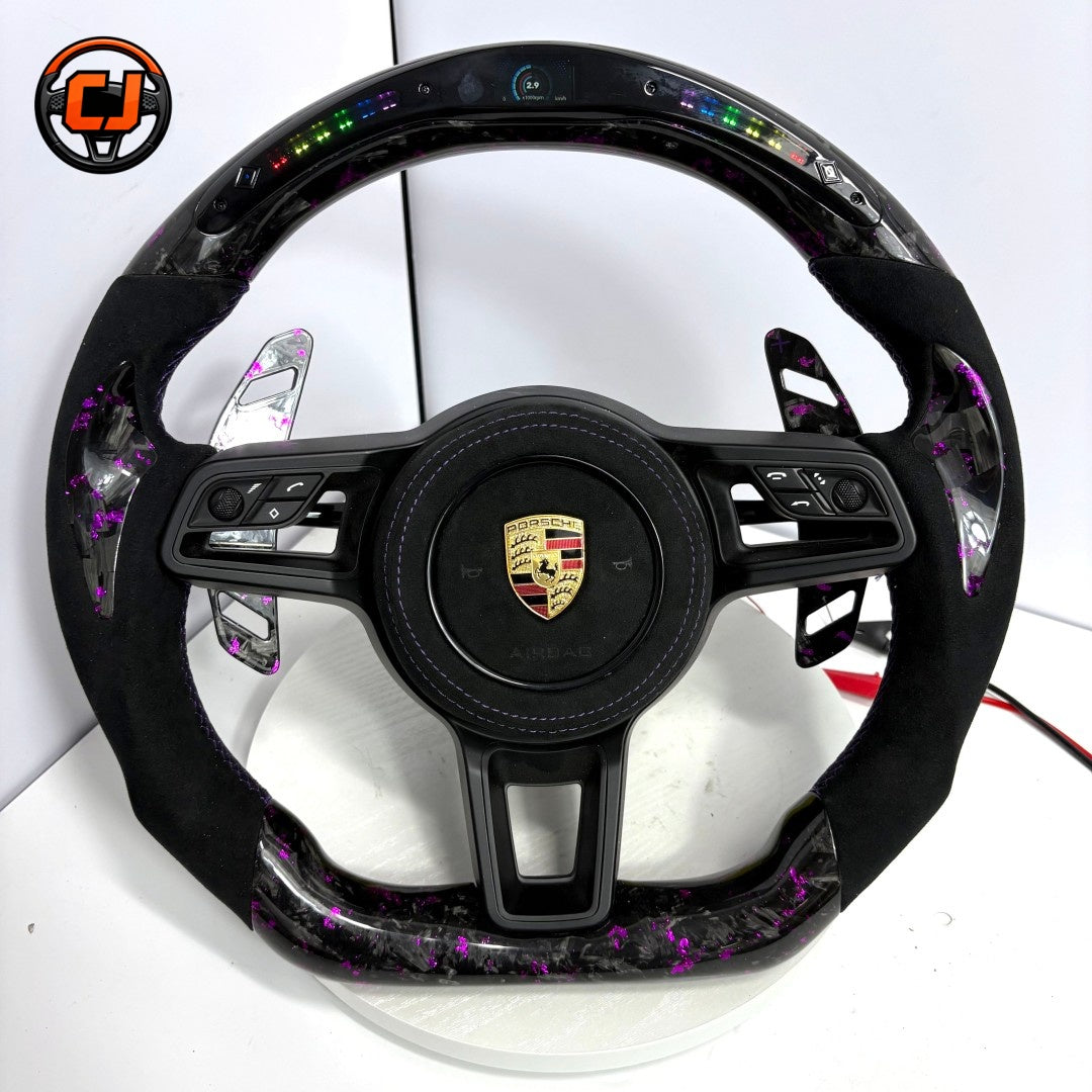 Custom Porsche Steering Wheel Purple Forged Carbon LED Display Alcantara Leather Design for Panamera 970 971 Macan 95B Cayenne 958 Cayman Boxster 987 981 CJ Mod Garage