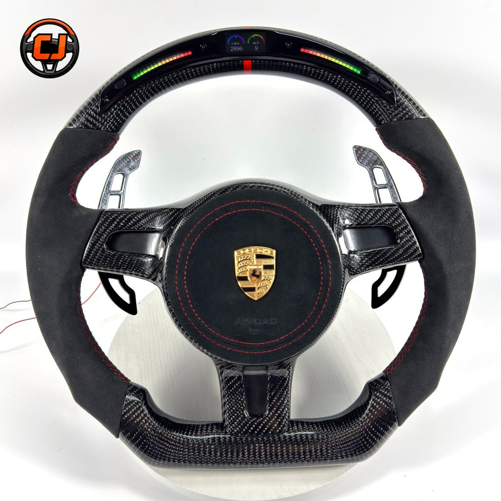 Porsche Carbon Fiber Alcantara Steering Wheel with LED Shift Display Red Stitching and Custom Paddle Shifters for Panamera 970 971 Cayenne 958 Macan 95B CJ Mod Garage
