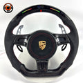 Porsche Carbon Fiber Alcantara Steering Wheel with LED Shift Display Red Stitching and Custom Paddle Shifters for Panamera 970 971 Cayenne 958 Macan 95B CJ Mod Garage