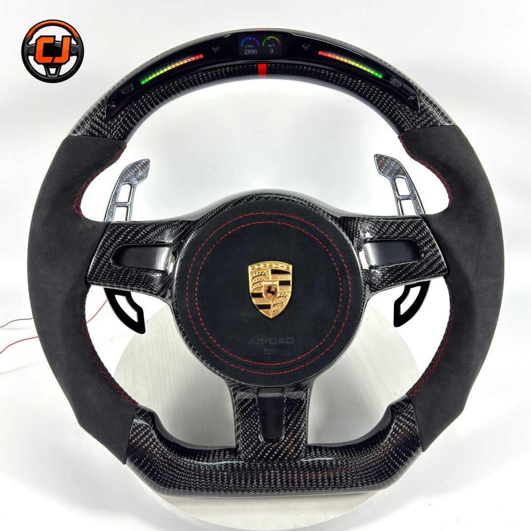 Porsche Carbon Fiber Alcantara Steering Wheel with LED Shift Display Red Stitching and Custom Paddle Shifters for Panamera 970 971 Cayenne 958 Macan 95B CJ Mod Garage