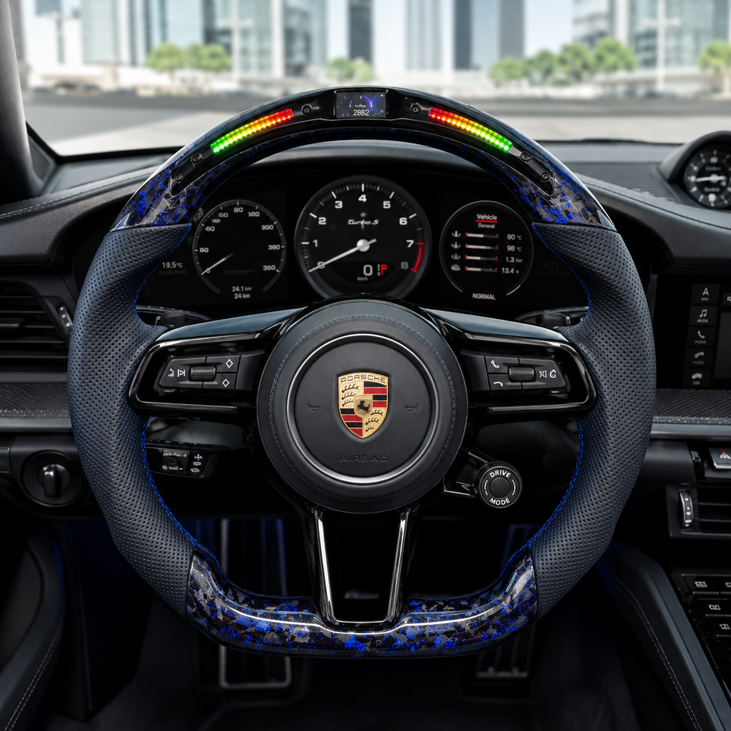 Blue Forged Carbon Porsche Steering Wheel with LED RPM Display Perforated Leather Grips Installed in Panamera 970 971 2010 2024 Cayenne 958 2011 2017 Macan 95B 2014 2024 CJ Mod Garage