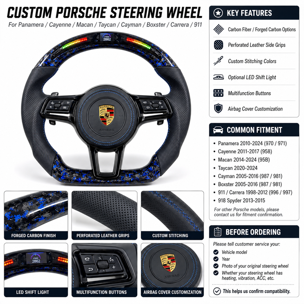 Custom Porsche LED Steering Wheel Blue Forged Carbon Finish Perforated Leather Grip and Blue Stitching for Taycan 2020 2024 Cayman Boxster 987 981 2005 2016 911 Carrera 996 997 CJ Mod Garage
