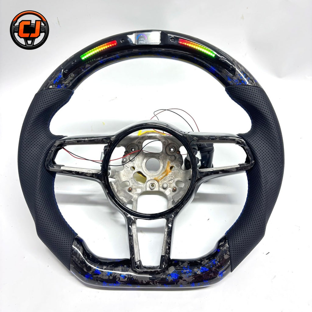 Porsche Forged Carbon Steering Wheel Frame with Blue Flakes LED Shift Light and Perforated Leather Sides for Panamera Cayenne Macan Taycan Cayman Boxster Carrera 911 CJ Mod Garage