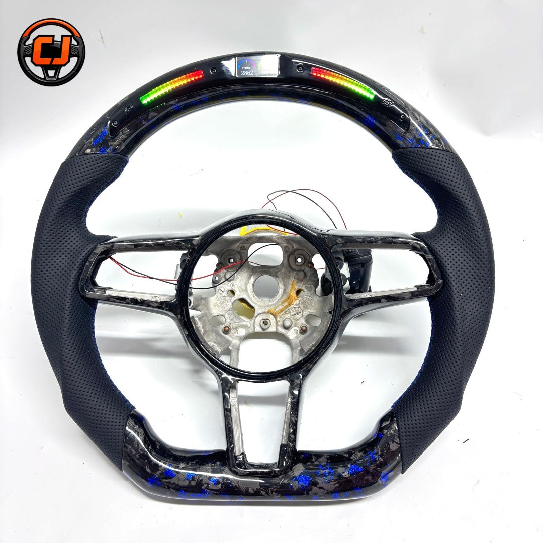 Porsche Forged Carbon Steering Wheel Frame with Blue Flakes LED Shift Light and Perforated Leather Sides for Panamera Cayenne Macan Taycan Cayman Boxster Carrera 911 CJ Mod Garage