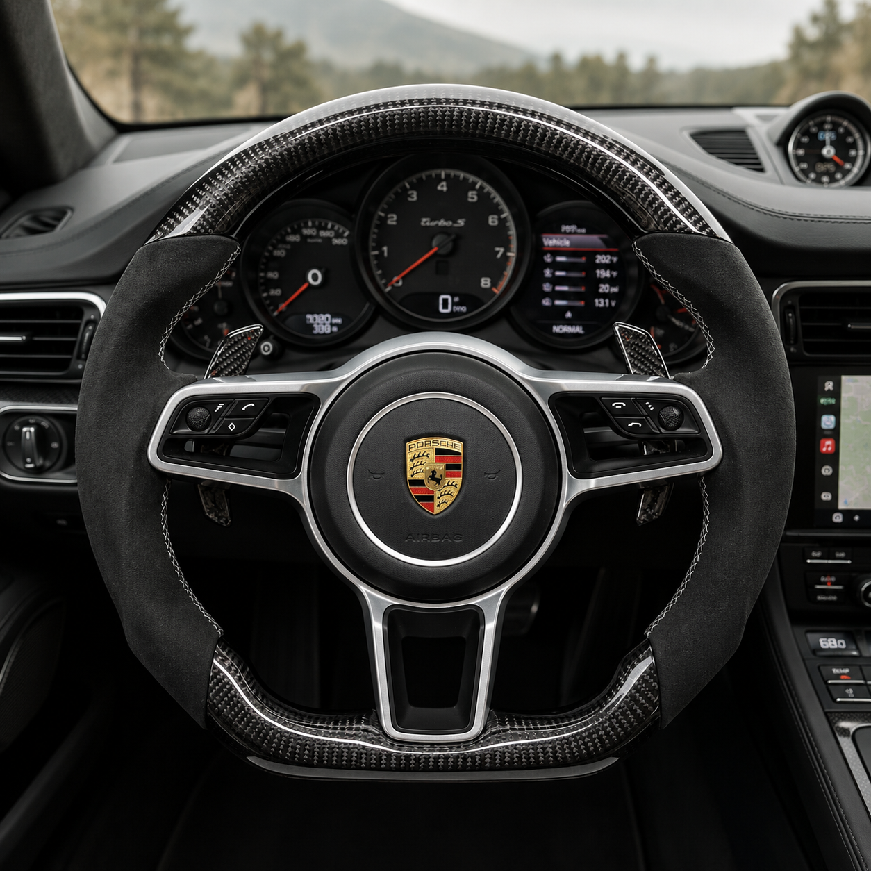 Custom Porsche Carbon Fiber Alcantara Steering Wheel Installed in Panamera 970 971 2010 2024 Cayenne 958 2011 2017 Macan 95B 2014 2024 Cayman 987 981 CJ Mod Garage