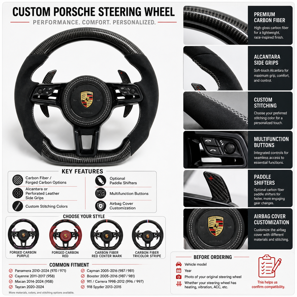Porsche Carbon Fiber Alcantara Steering Wheel with Custom Stitching Paddle Shifters and Airbag Cover for Taycan 2020 2024 Boxster 987 981 2005 2016 911 Carrera 996 997 CJ Mod Garage