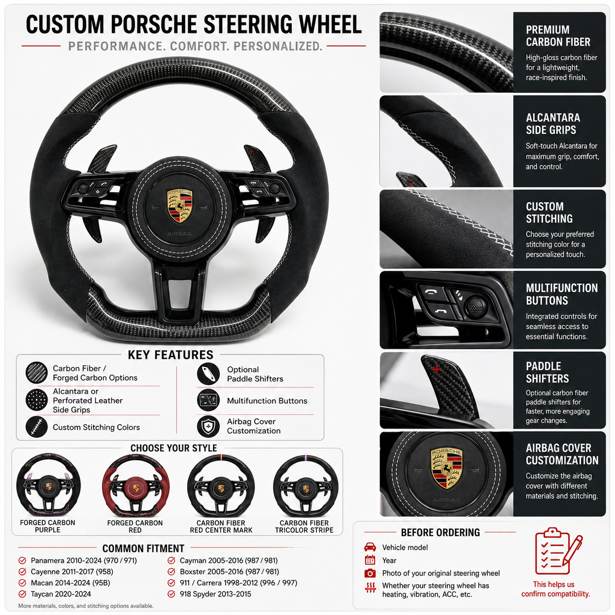 Porsche Carbon Fiber Alcantara Steering Wheel with Custom Stitching Paddle Shifters and Airbag Cover for Taycan 2020 2024 Boxster 987 981 2005 2016 911 Carrera 996 997 CJ Mod Garage