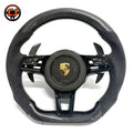 Gloss Carbon Fiber Porsche Steering Wheel with Alcantara Side Grips White Stitching and Carbon Paddle Shifters for Panamera Cayenne Macan Taycan Cayman Boxster 911 CJ Mod Garage