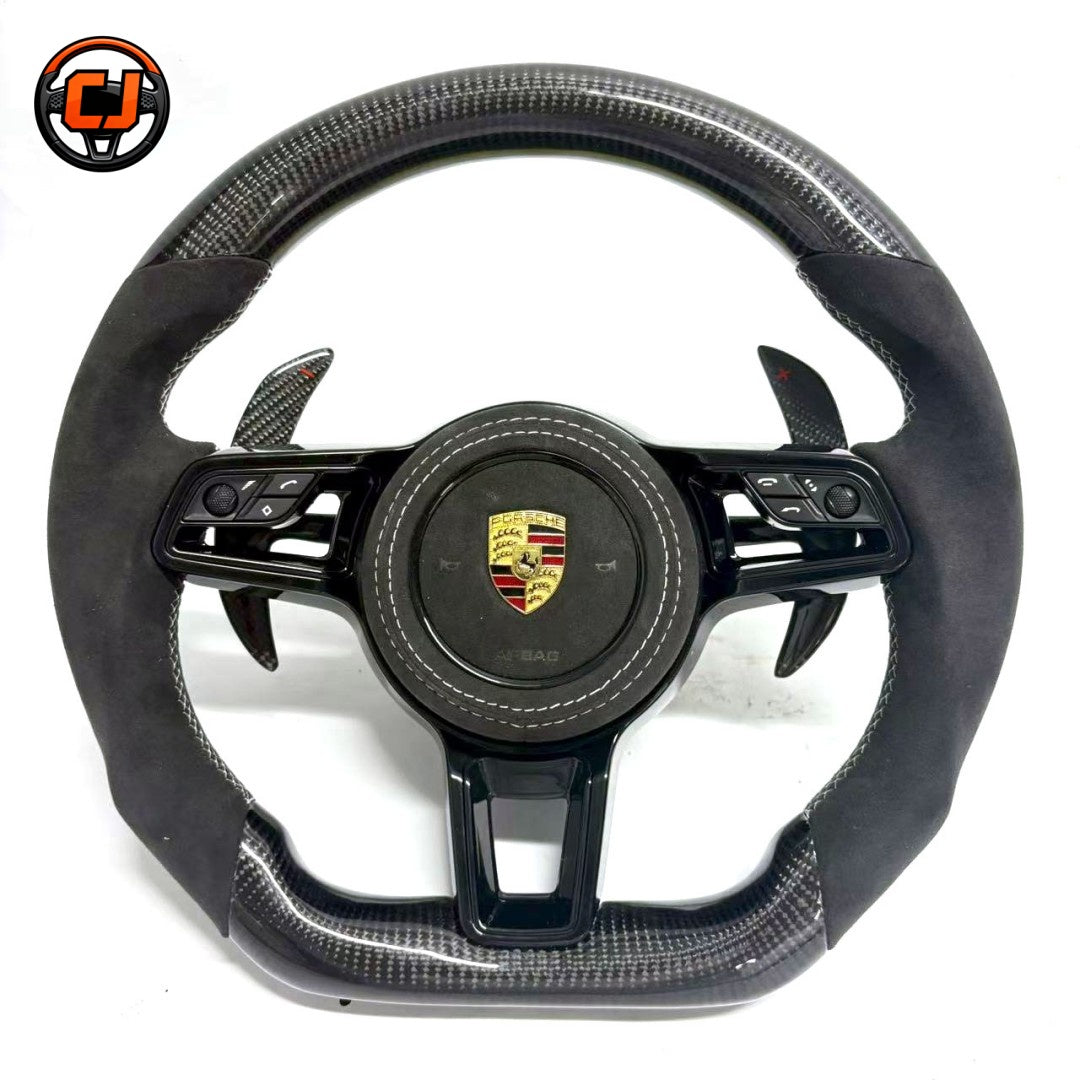 Gloss Carbon Fiber Porsche Steering Wheel with Alcantara Side Grips White Stitching and Carbon Paddle Shifters for Panamera Cayenne Macan Taycan Cayman Boxster 911 CJ Mod Garage