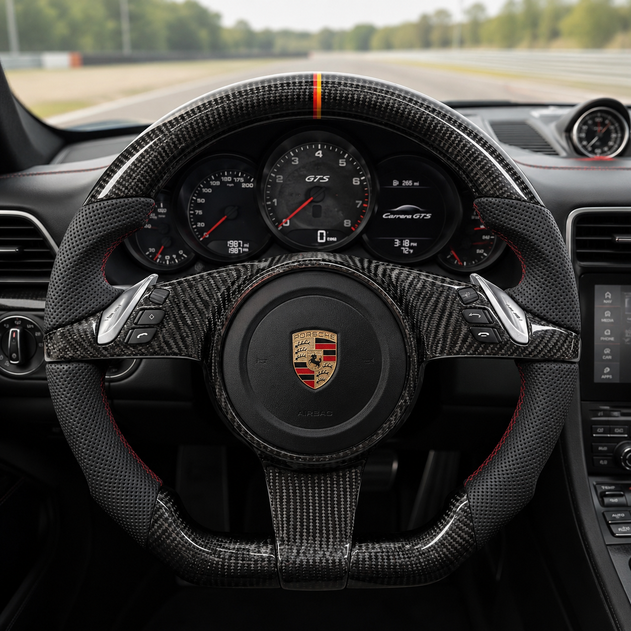 Carbon Fiber Porsche Steering Wheel with Red Center Stripe Perforated Leather Grips and Sport Paddle Shifters for Panamera 970 971 2010 2024 Cayenne 958 2011 2017 Macan 95B CJ Mod Garage