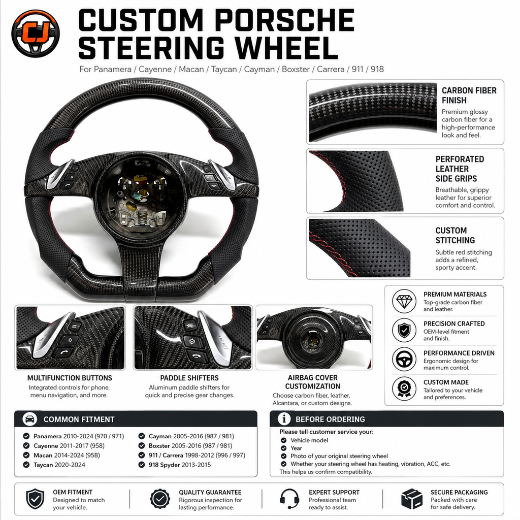 Custom Porsche Carbon Fiber Steering Wheel with Perforated Leather Sides Red Stitching and Aluminum Paddle Shifters for Taycan 2020 2024 Cayman 987 981 Boxster 987 981 911 Carrera CJ Mod Garage