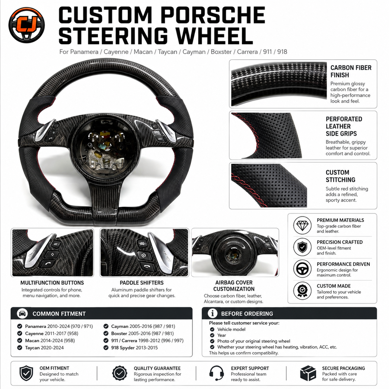Custom Porsche Carbon Fiber Steering Wheel with Perforated Leather Sides Red Stitching and Aluminum Paddle Shifters for Taycan 2020 2024 Cayman 987 981 Boxster 987 981 911 Carrera CJ Mod Garage