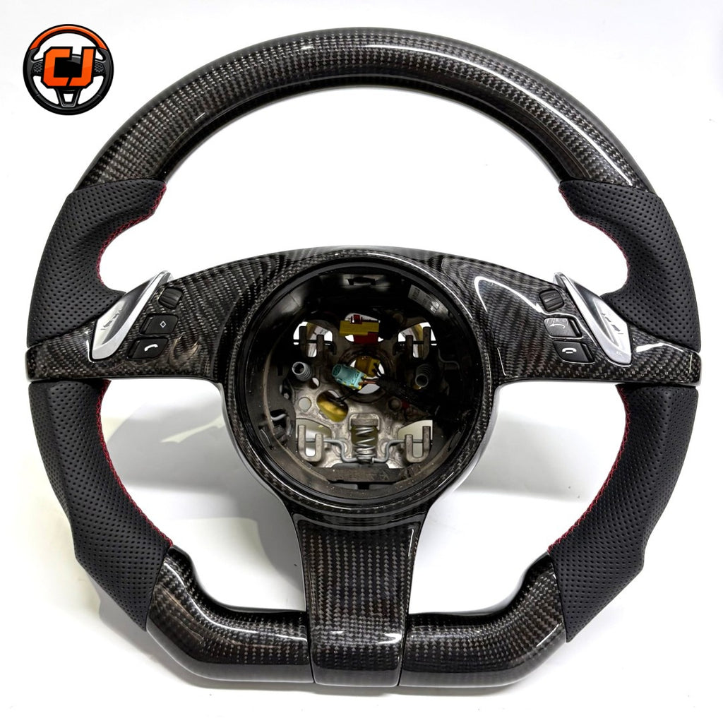 Gloss Carbon Fiber Porsche Steering Wheel Frame with Multifunction Controls Perforated Leather Grip and Custom Red Stitching for Panamera Cayenne Macan Taycan Cayman Boxster 918 Spyder CJ Mod Garage
