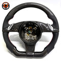 Gloss Carbon Fiber Porsche Steering Wheel Frame with Multifunction Controls Perforated Leather Grip and Custom Red Stitching for Panamera Cayenne Macan Taycan Cayman Boxster 918 Spyder CJ Mod Garage