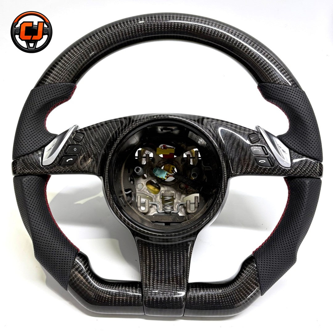 Gloss Carbon Fiber Porsche Steering Wheel Frame with Multifunction Controls Perforated Leather Grip and Custom Red Stitching for Panamera Cayenne Macan Taycan Cayman Boxster 918 Spyder CJ Mod Garage