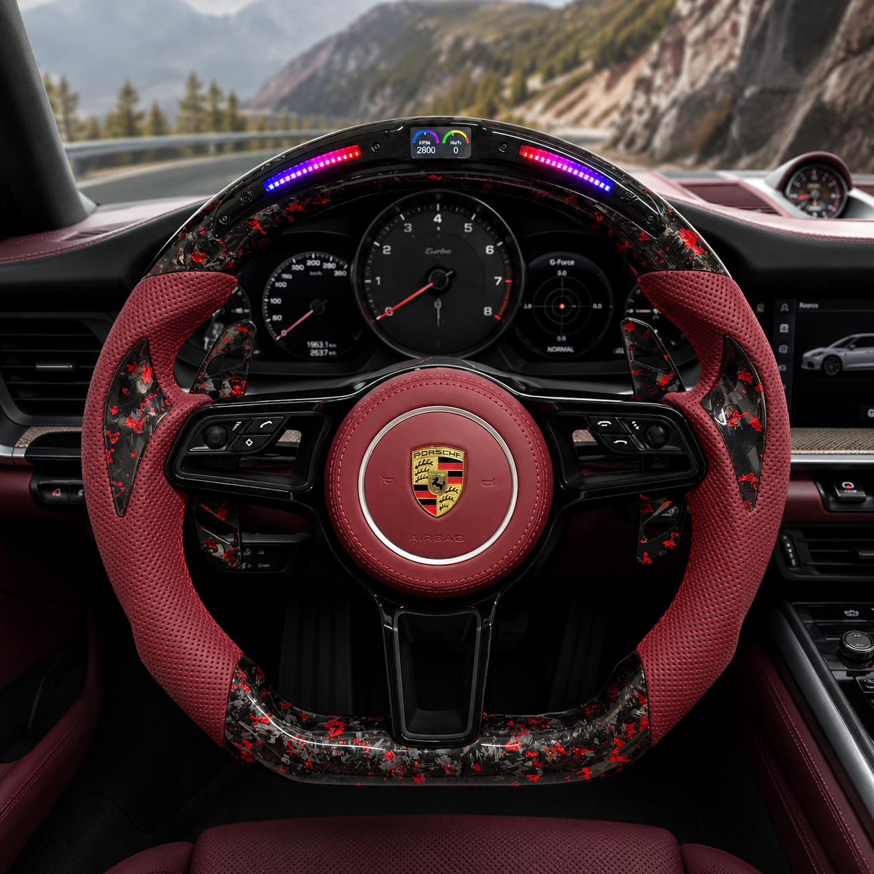 Forged Carbon Porsche Steering Wheel with Red Flakes Burgundy Perforated Leather and LED RPM Display for Panamera 970 971 2010 2024 Cayenne 958 2011 2017 Macan 95B CJ Mod Garage